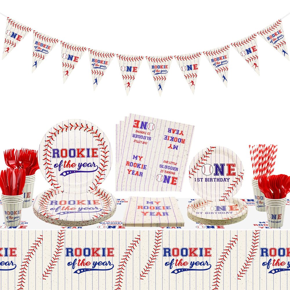 Baseball 1st Birthday Party Supplies, Includes Rookie of The Year Banner, Tablecloth, Plates, Napkins, Cups and Straws for 1st Birthday Boys Baby First Baseball Party Decorations, Serves 20 Guests