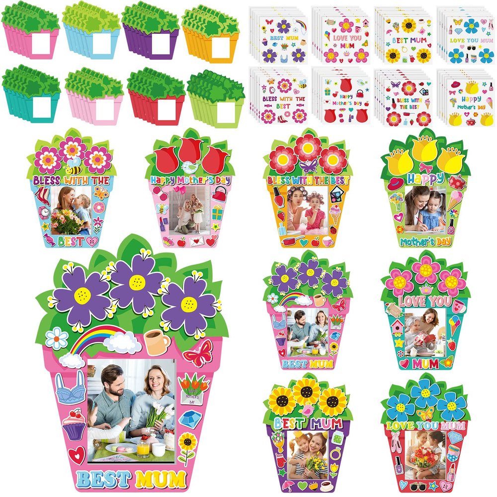 Fuutreo 96 Packs Mother's Day DIY Craft Kits Love You Mom DIY Picture Frames with Stickers Paper Photo Frames Happy Mother's Day Gifts Craft for Party Decor(Flower)