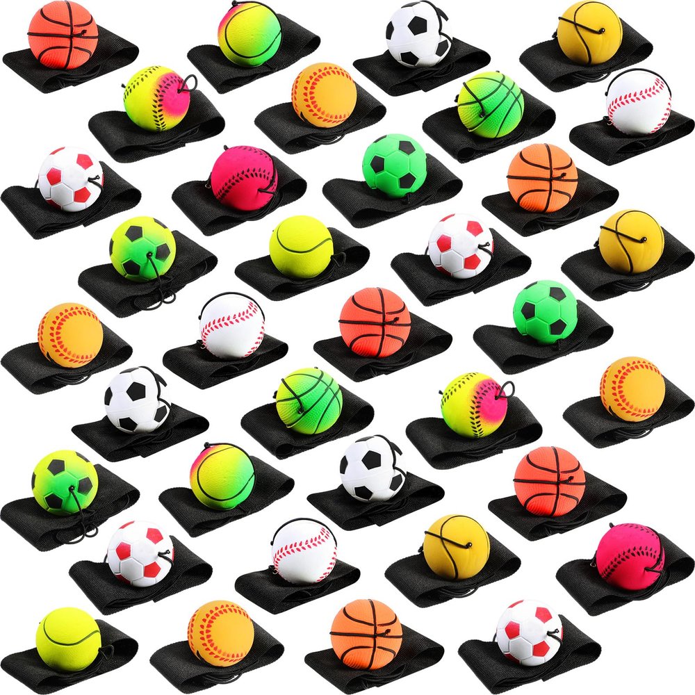 Skylety 36 Pcs Wrist Return Ball on a String 1.85'' Rebound Sport Ball with Elastic Strap and String, Basketball Baseball Soccer Tennis Wristband Toy for Teens Adults Gifts, Wrist Exercise or Play
