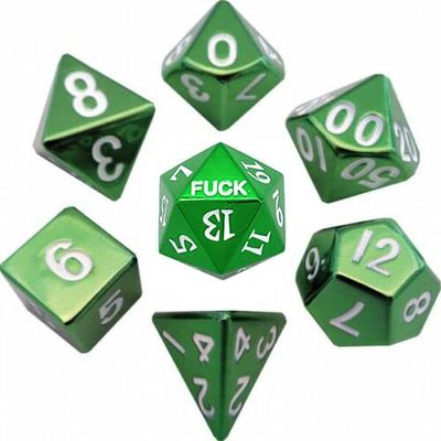 Metal D20 F Dice Critical Fail F 20 Sided Die Set DND Number for Role Playing Game Dungeons and Dragons D&D Pathfinder Shadowrun Black Gunmetal Silver Red Blue Rainbow Gold Green (Full Set, Green)