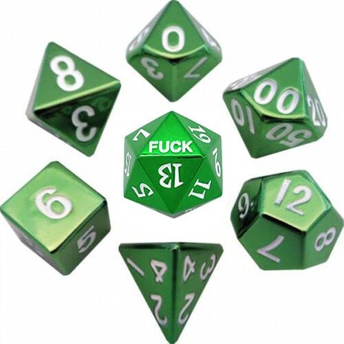 Metal D20 F Dice Critical Fail F 20 Sided Die Set DND Number for Role Playing Game Dungeons and Dragons D&D Pathfinder Shadowrun Black Gunmetal Silver Red Blue Rainbow Gold Green (Full Set, Green)