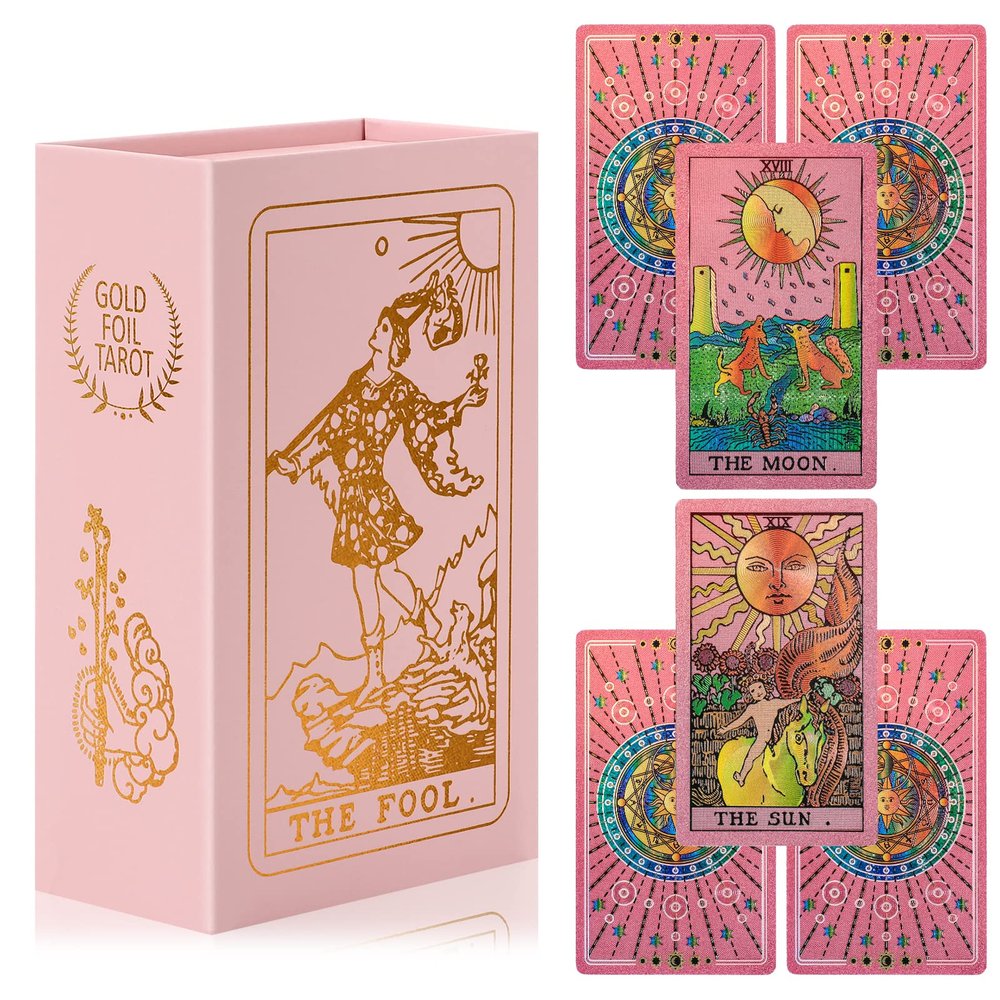 LYINGFISH Tarot Cards for Beginners Pink Tarot Cards with Guide Book Gold Foil with Meanings on Them 78 Classic Origina Waterproof Rider Waite Taro Deck Fortune Telling GamePink