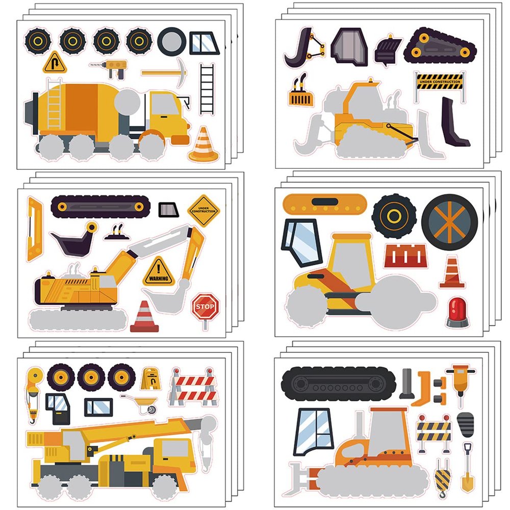 24 Sheets Make Your Own Construction Stickers Make A Face Stickers for Kids Toddlers with Trucks DIY Craf Kids Truck Themed Birthday Truck Party Supplies