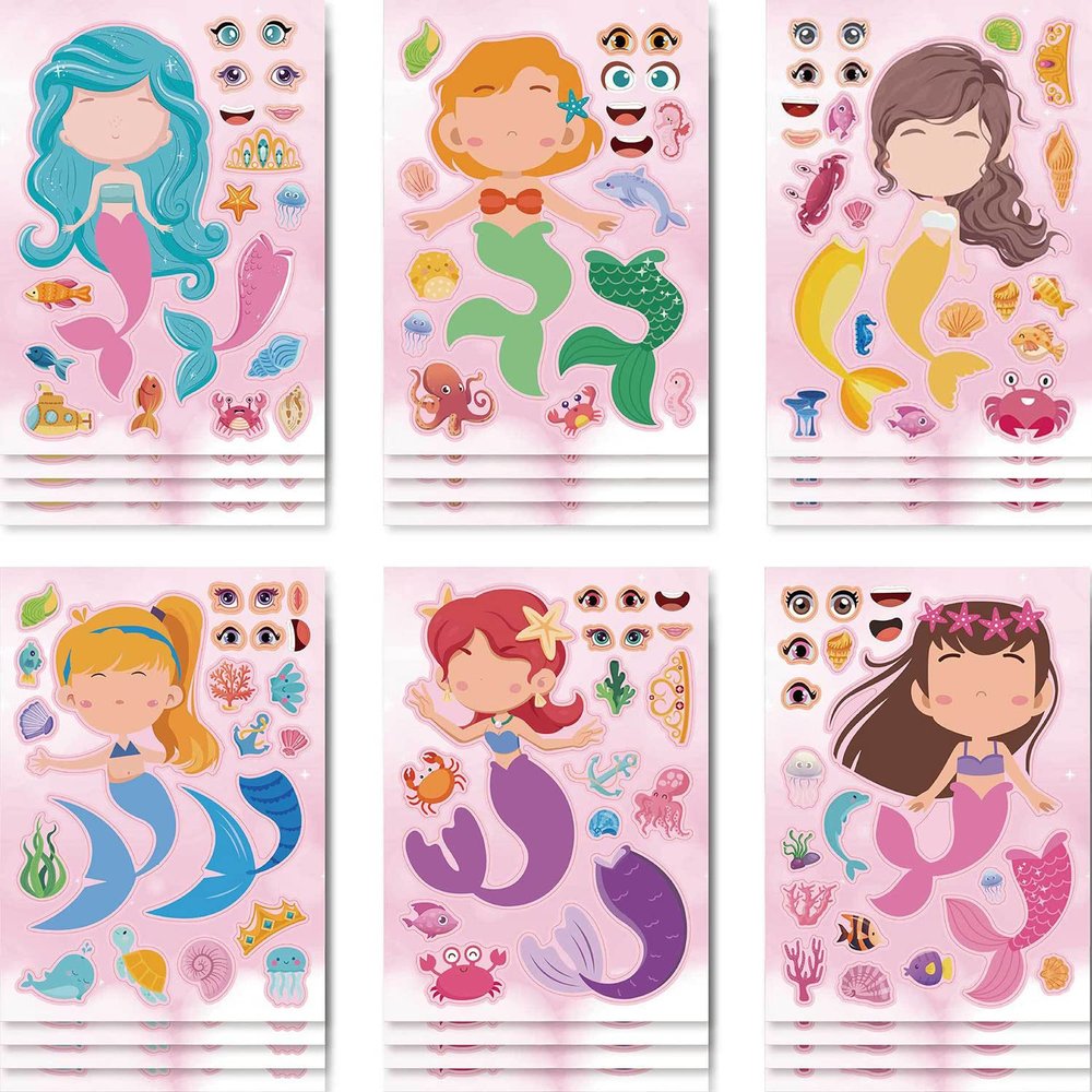 24 Sheets Make Your Own Mermaid Princess Stickers Make A Face Stickers for Kids Toddlers with Mermaid DIY Craft Sticker Kids Party Favor Supplies Crafts