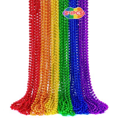 24PCS Pride Necklace Stuff, Rainbow Beads Pride Accessories, 6 Kinds of Metallic Rainbow Beads Bulk, Gay Lesbian Pride Necklace for Women Men, Costumes Decor for Pride Month Parade Throws Party Favors
