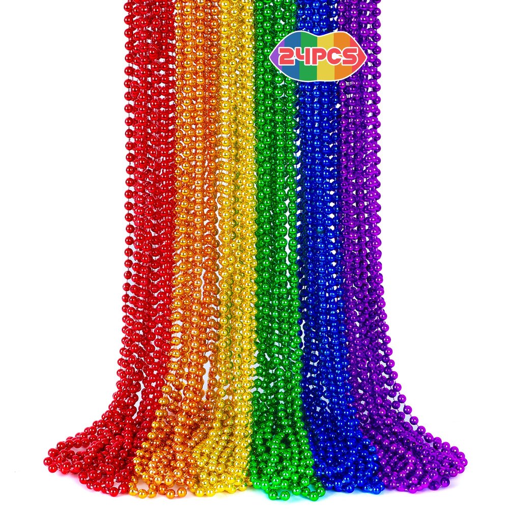 24PCS Pride Necklace Stuff, Rainbow Beads Pride Accessories, 6 Kinds of Metallic Rainbow Beads Bulk, Gay Lesbian Pride Necklace for Women Men, Costumes Decor for Pride Month Parade Throws Party Favors