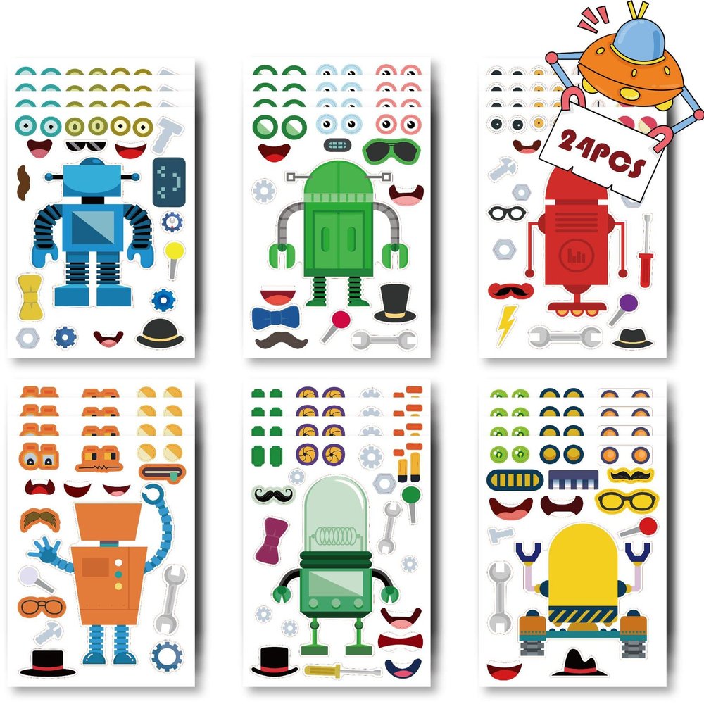 24 Sheets Make Your Own Robot Stickers Make A Face Stickers for Kids Toddlers with Robots DIY Craft Kids Party Favor Supplies Crafts