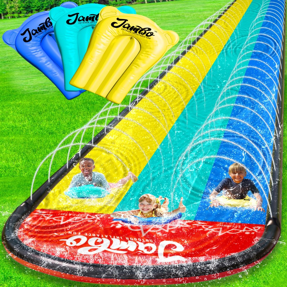 JAMBO XL 20Ft Premium 3 Lane Slip Splash and Slide with 3 Bodyboards, Heavy Duty Water Slide- Advanced 3-Way Water Sprinkler System, Backyard Waterslide Outdoor Water Toys n Slides for Kids