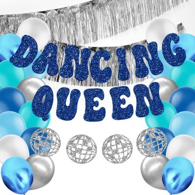 HOMEZZO Dancing Queen Party Decorations, Glitter Dancing Queen Disco Ball Banner Silver Fringe Banner for Mamma Mia Party Decorations Birthday Bridal Shower Bachelorette Wedding