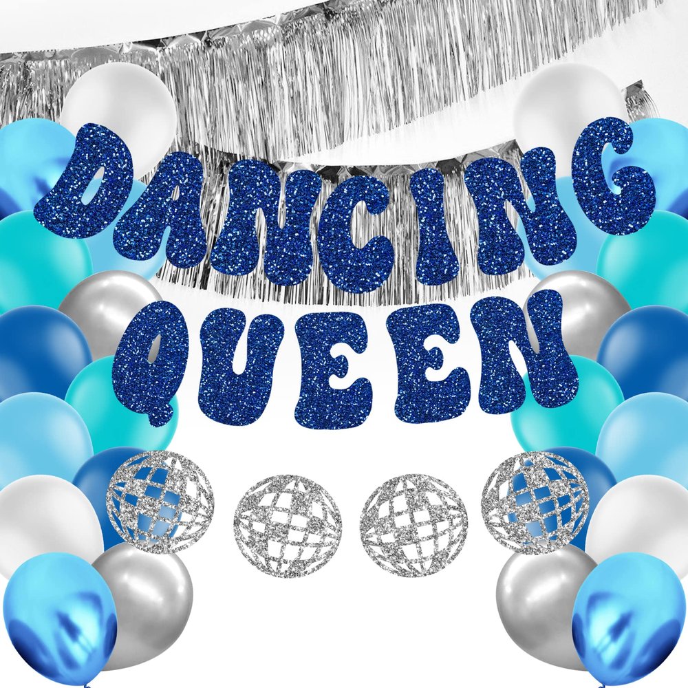 HOMEZZO Dancing Queen Party Decorations, Glitter Dancing Queen Disco Ball Banner Silver Fringe Banner for Mamma Mia Party Decorations Birthday Bridal Shower Bachelorette Wedding