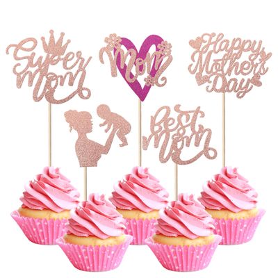30 Pack Happy Mother's Day Cupcake Toppers Glitter Heart Love You Mom Cupcake Picks for Mother's Day Party Best Mom Cake Decorations Rose Gold