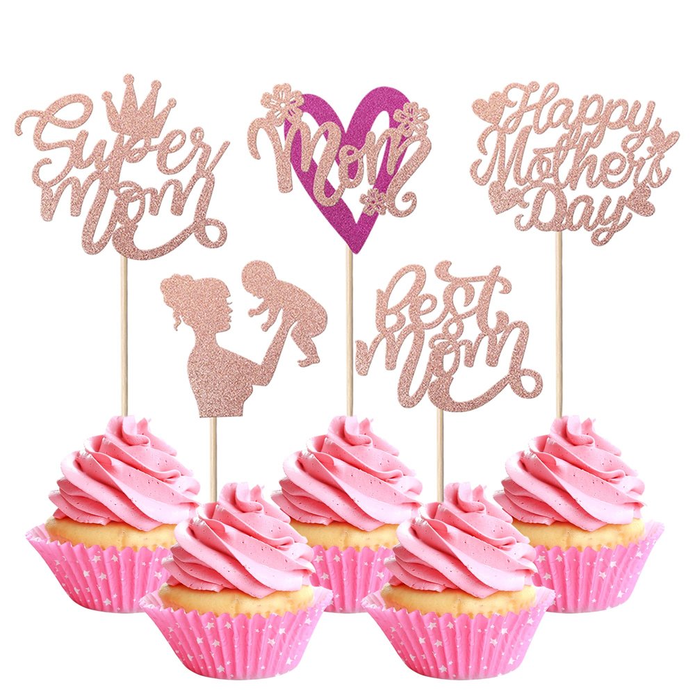 30 Pack Happy Mother's Day Cupcake Toppers Glitter Heart Love You Mom Cupcake Picks for Mother's Day Party Best Mom Cake Decorations Rose Gold