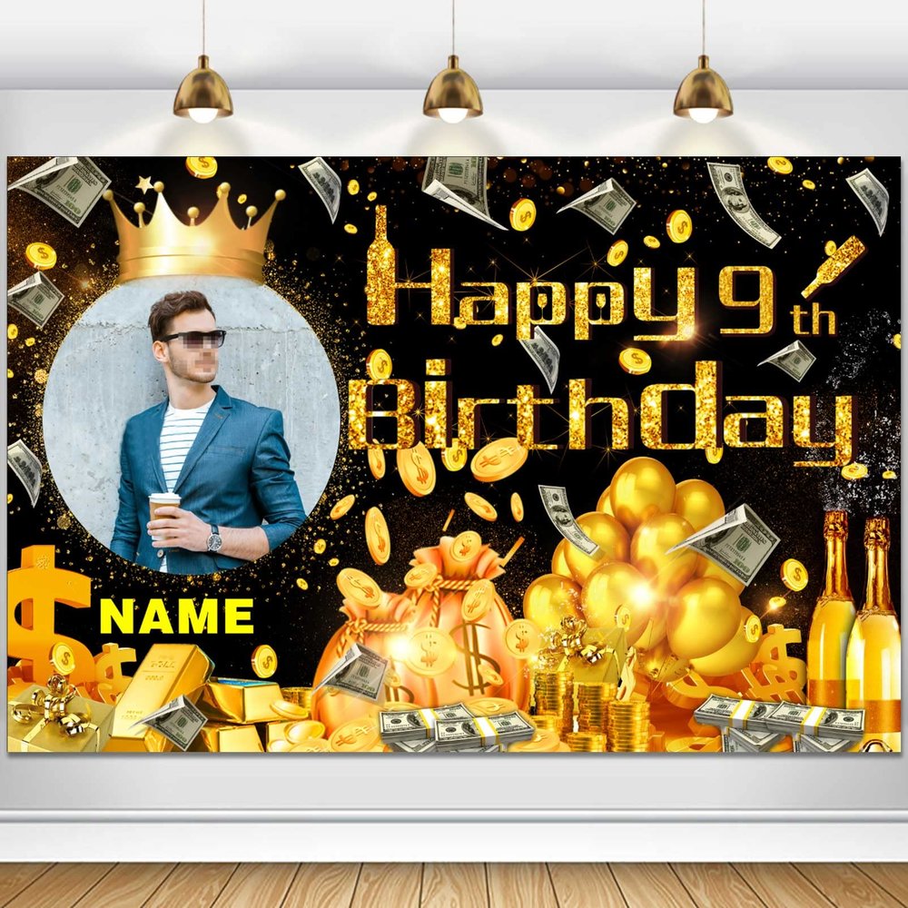 Custom Dollar Money Black and Gold Happy 9th Birthday Party Decorations Supplies Personalized Dollar Money Black and Gold 9th Birthday Backdrop Banner