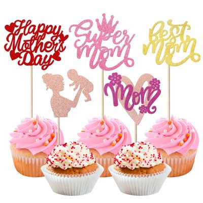 30 Pack Happy Mother's Day Cupcake Toppers Glitter Heart Love You Mom Cupcake Picks Super Mom Cupcake Decorations for Mother's Day Party Best Mom Cake Decorations Colorful