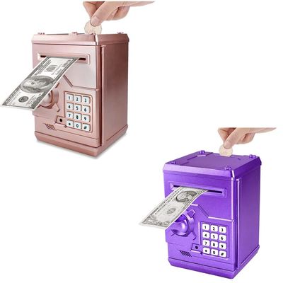 Piggy Bank Electronic Mini ATM for Kids - Password Protected Money Saving Box with Auto Scroll Paper Money and Coin Slot - Best Birthday Gift for Boys and Girls (Rose Gold + Purple)