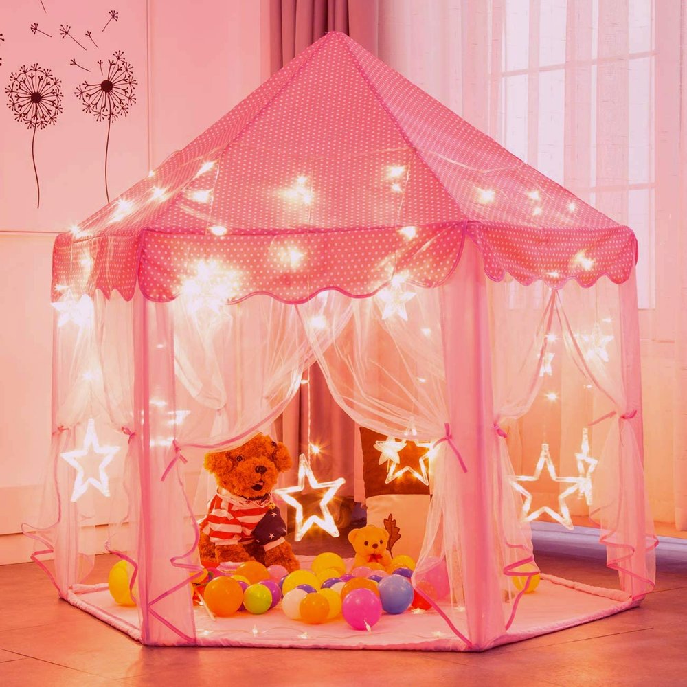 Senodeer Princess Tent for Girls with Big Star Lights, Kids Playhouse Castle Play Tent, Birthday Girl Gift, Indoor Princess Game (Pink, Big Star Lights)