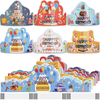 ARTLYMERS Birthday Crowns for Kids, 30 Pack Assorted Designs Paper Crowns, Classroom Birthday Hats, VBS Party Decor Adjustable Elastic Band, Reusable, Ages 15-28 inches, Multiple Colors
