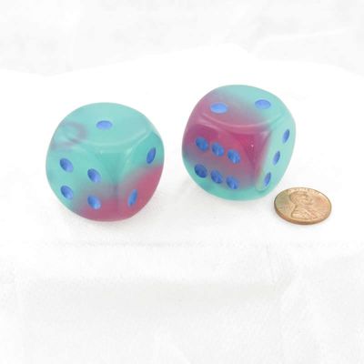 Gel Green and Pink Gemini Luminary Dice with Blue Pips 30mm (1.18in) D6 Pack of 2 Wondertrail