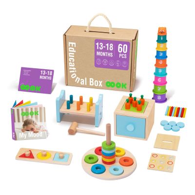 TOOKYLAND Montessori Toys for 1 Year Old, 8 in 1 Learning Educational Set Wooden Toys (Includes Stacking Cups, 3-in-1 Educational Box, Pound Bench, Shape Puzzle and More)