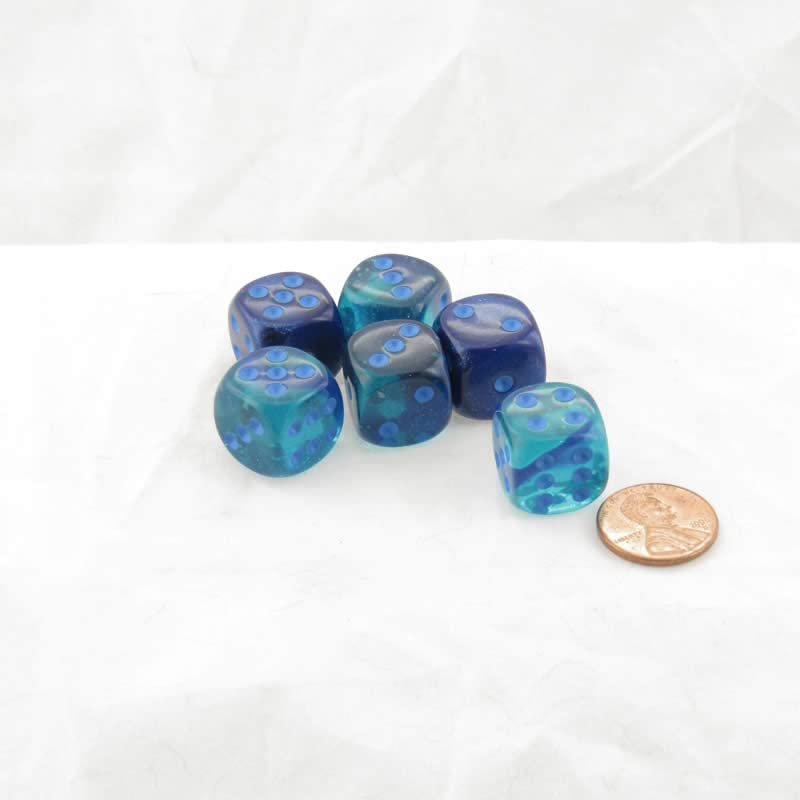 Blue and Blue Gemini Luminary Dice with Light Blue Pips D6 16mm (5/8in) Pack of 6 Wondertrail