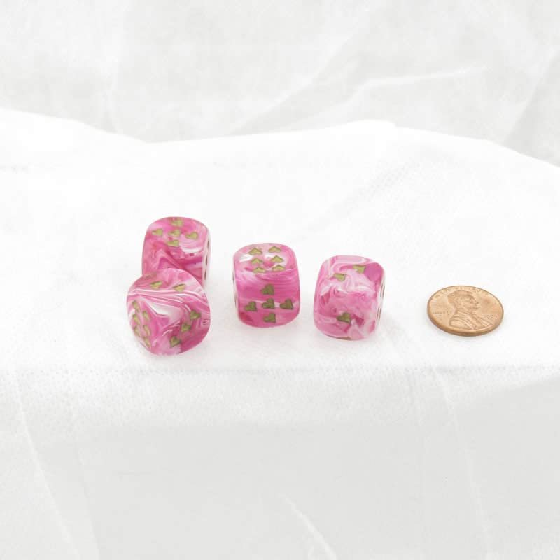 Pink Vortex Dice with Gold Colored Hearts D6 16mm (5/8in) Pack of 4 Wondertrail