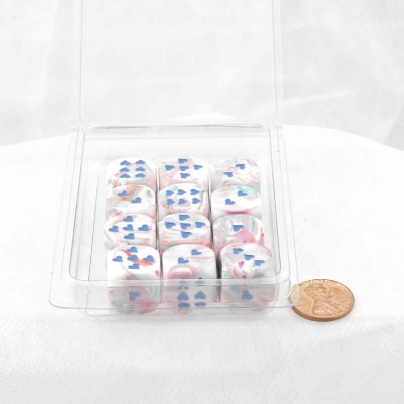 Pop Art Festive Dice with Blue Hearts D6 16mm (5/8in) Pack of 12 Wondertrail