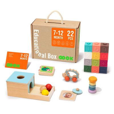 TOOKYLAND Montessori Toys for Babies 6-12 Months, 7 in 1 Learning Educational Set Wooden Toys (Includes Baby Rattle, Object Permanence Box, Wooden Book, Teething Toy and More)