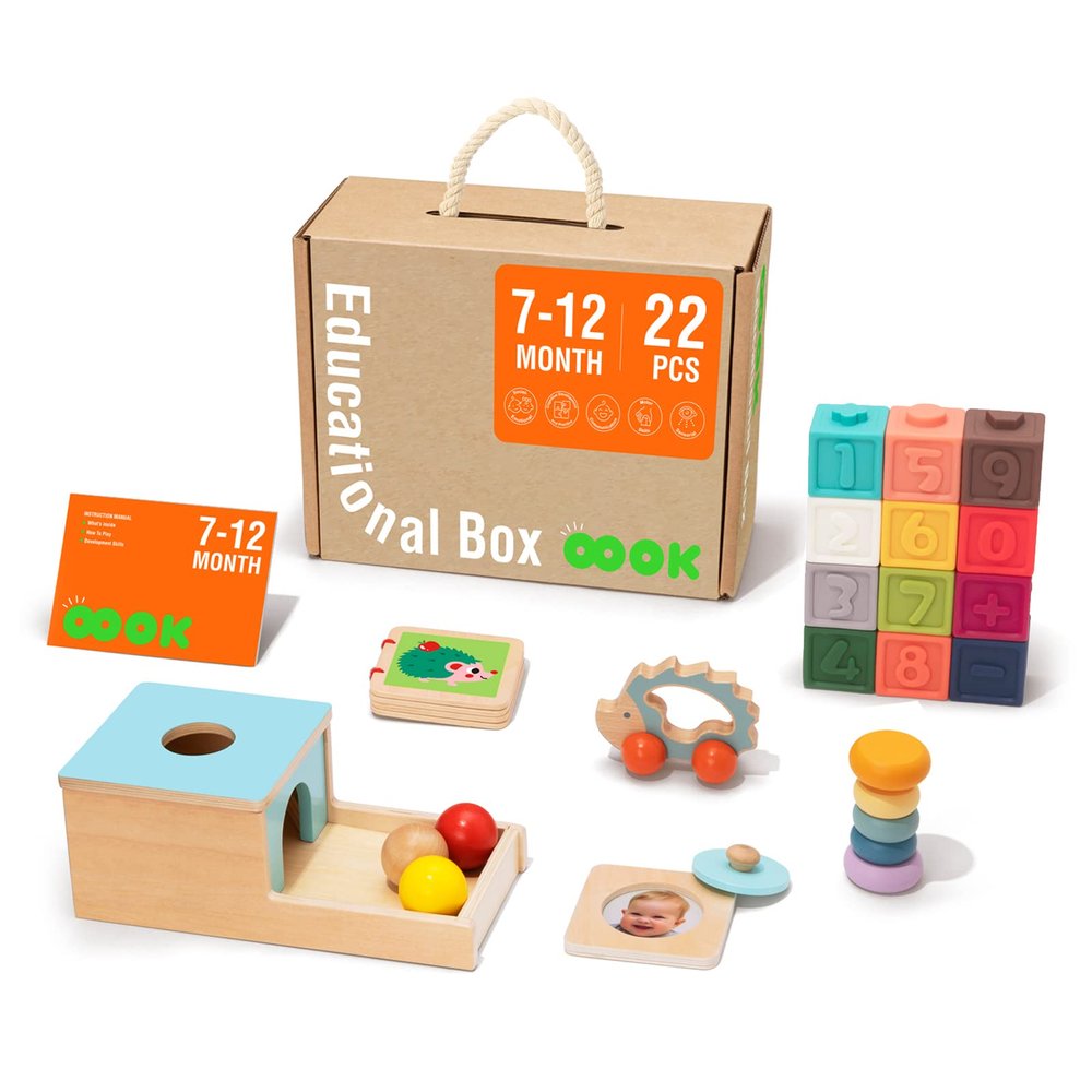 TOOKYLAND Montessori Toys for Babies 6-12 Months, 7 in 1 Learning Educational Set Wooden Toys (Includes Baby Rattle, Object Permanence Box, Wooden Book, Teething Toy and More)