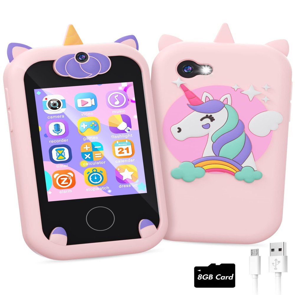 Kids Smart Phone for Girls Unicorns Gifts for Girls Toys 8-10 Years Old Phone Touchscreen Learning Toy Christmas Birthday Gifts for 3 4 5 6 7 8 9 Year Old with 8G Memory Card
