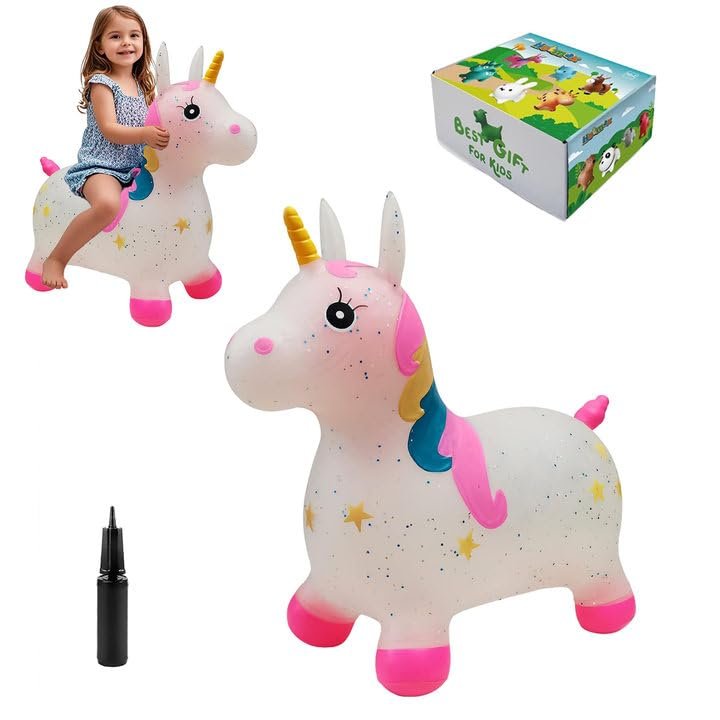 HotMax Unicorn Bouncy Horse Toys for 2 Year Old Girl, Toddlers Bouncing Animals, Ride on Rubber Jumping Toys for Baby Girl or Boy 1st Birthday Gift for 2 3 4 Year Old (Pink Transparent Unicorn)