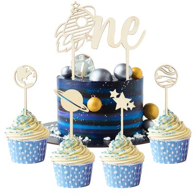 BkeeCten Birthday Cupcake Toppers Decorations - 5pcs Outer Space Wood ONE Cake Toppers Kids' 1st Birthday Baby Shower Party Cake Toppers Glitter Star Planet Cake Picks Decorations Featuring Food Safe