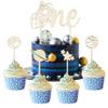 BkeeCten Birthday Cupcake Toppers Decorations - 5pcs Outer Space Wood ONE Cake Toppers Kids' 1st Birthday Baby Shower Party Cake Toppers Glitter Star Planet Cake Picks Decorations Featuring Food Safe view 1