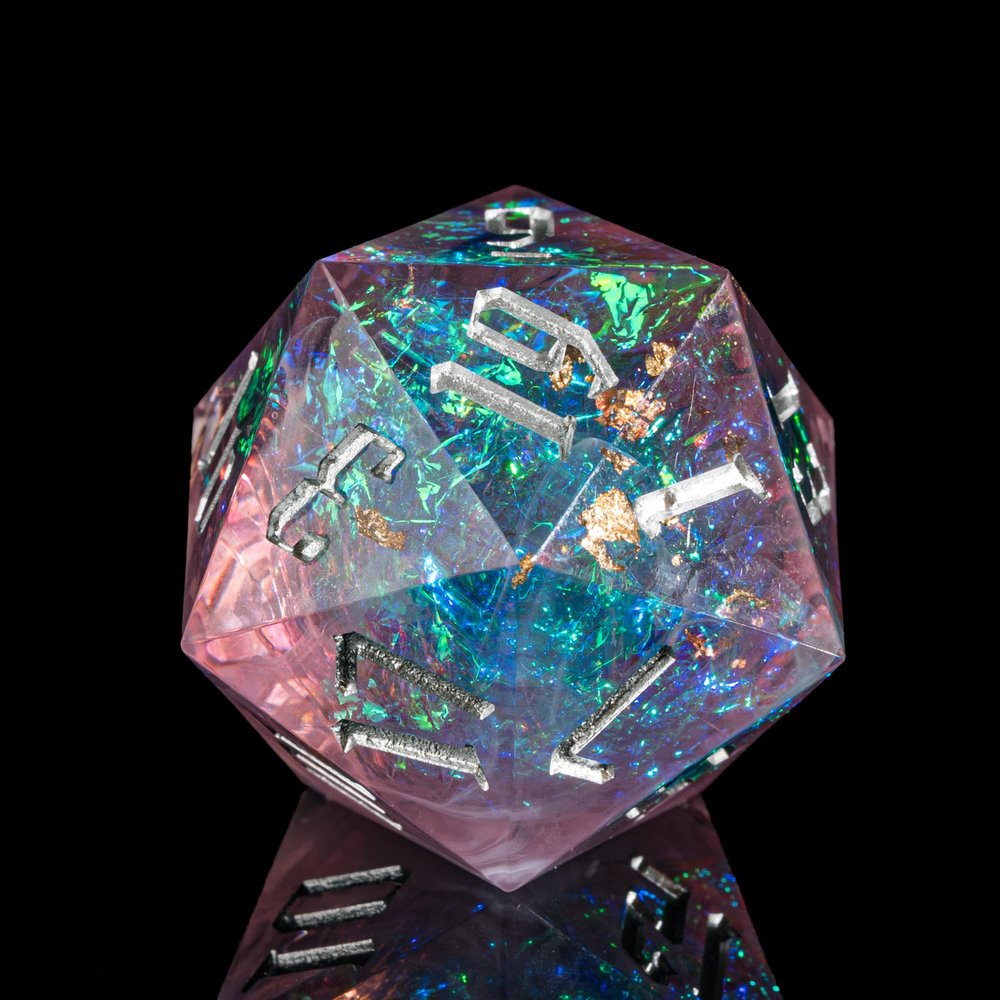 Cusdie Single D20 DND Dice with Sharp Edges and Glitter Foil Inclusions, 20 Sided D&D Dice, 33mm Handcrafted Polyhedral Dice, for Role Playing Game (Purple/Silver Font)