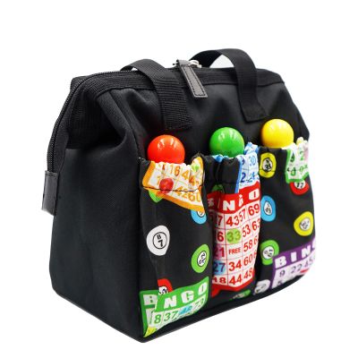 Yuanhe Bingo Dauber Tote Bag - Black Bingo Pattern Handle Bag with Zipper and 6 Pockets