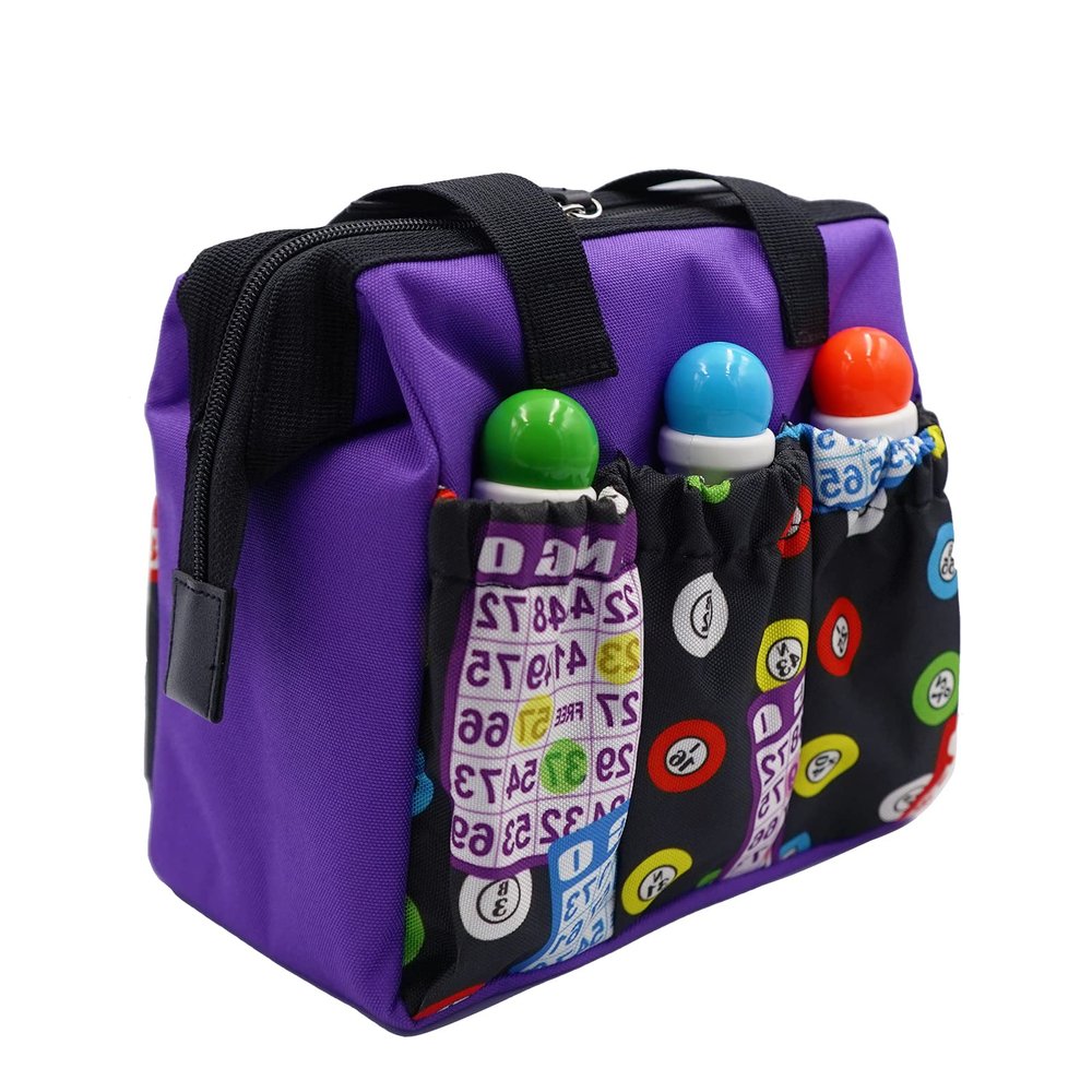 Yuanhe Bingo Dauber Tote Bag - Purple Bingo Pattern Handle Bag with Zipper and 6 Pockets