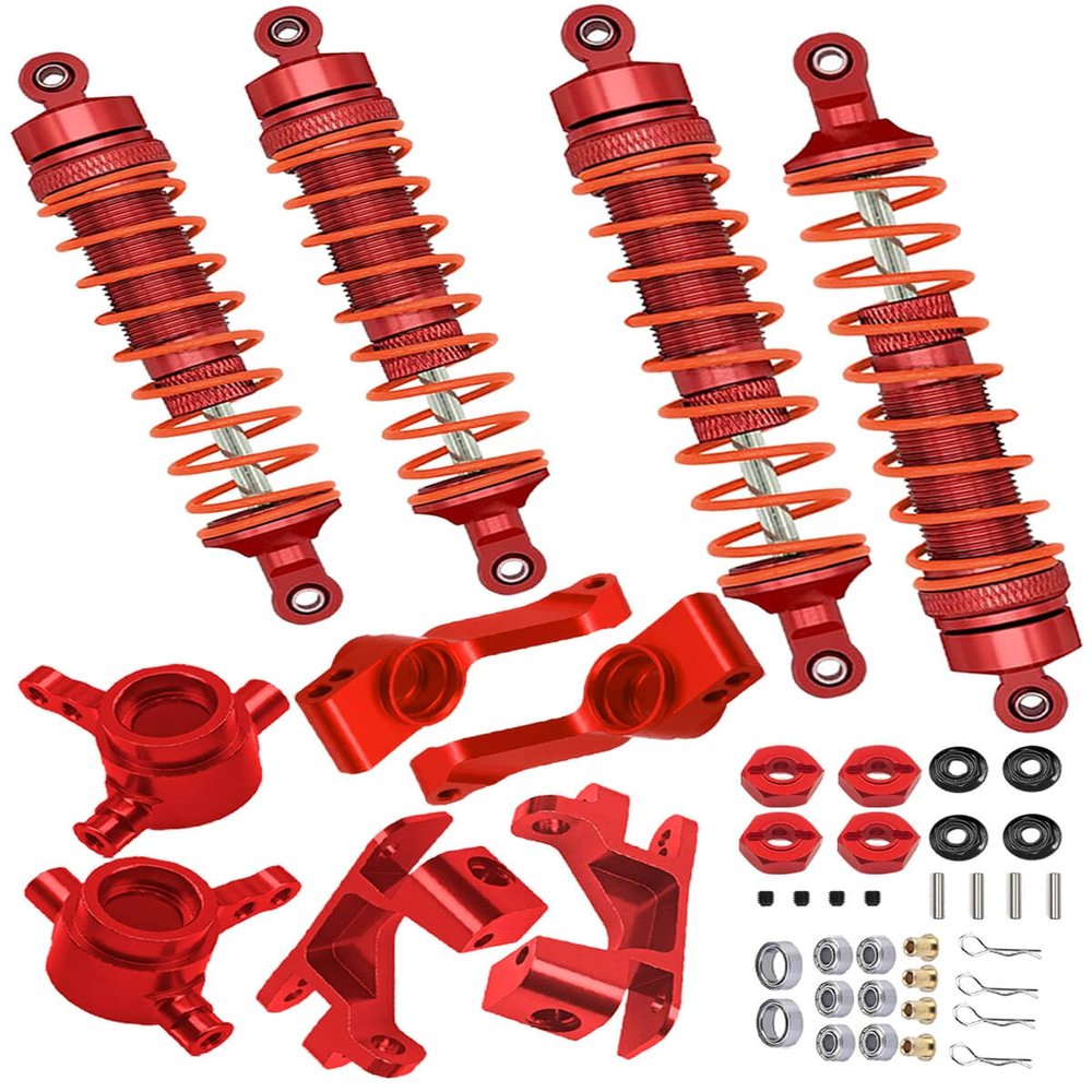 hopsupRC Upgrades Part for 1/10 Slash/Rustler/Stampede/Hoss 4x4 VXL 4wd,Full Metal Big Bore RC Shock Absorber & Alloy Steering Blocks Caster Blocks C-Hubs Stub Axle Carriers,Wheel Hex,Red