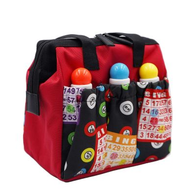 Yuanhe Bingo Dauber Tote Bag - Red Bingo Pattern Handle Bag with Zipper and 6 Pockets