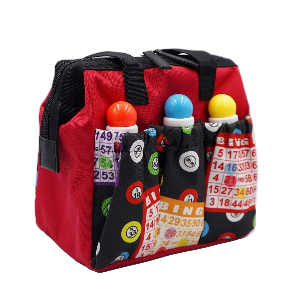 Yuanhe Bingo Dauber Tote Bag - Red Bingo Pattern Handle Bag with Zipper and 6 Pockets