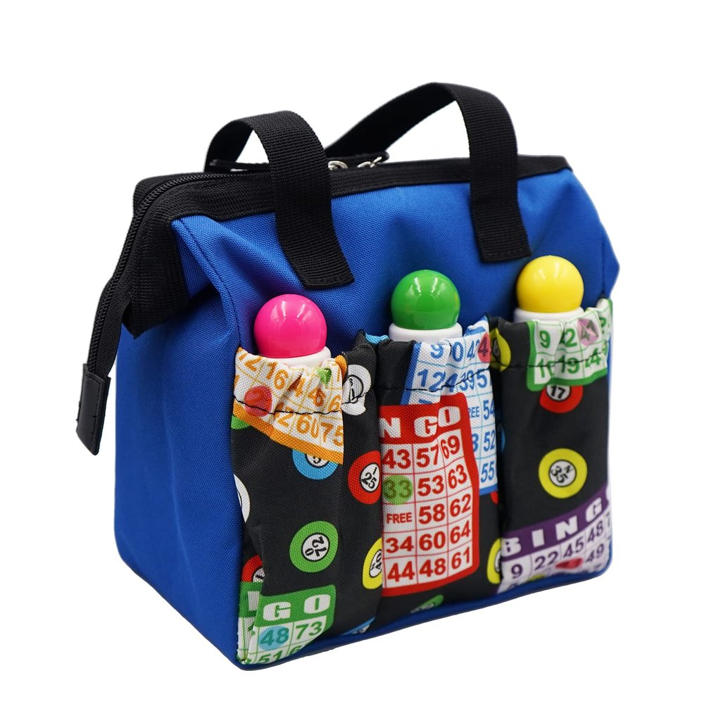 Yuanhe Bingo Dauber Tote Bag - Blue Bingo Pattern Handle Bag with Zipper and 6 Pockets