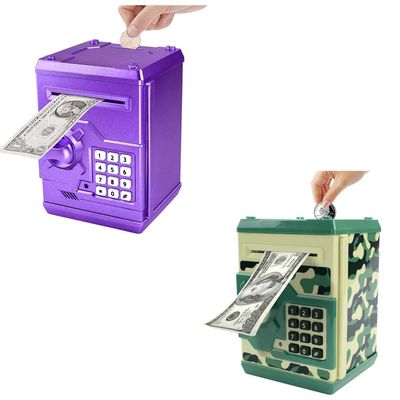 Piggy Bank Electronic Mini ATM for Kids - Password Protected Money Saving Box with Auto Scroll Paper Money and Coin Slot - Best Birthday Gift for Boys and Girls (Purple + Camo Green)