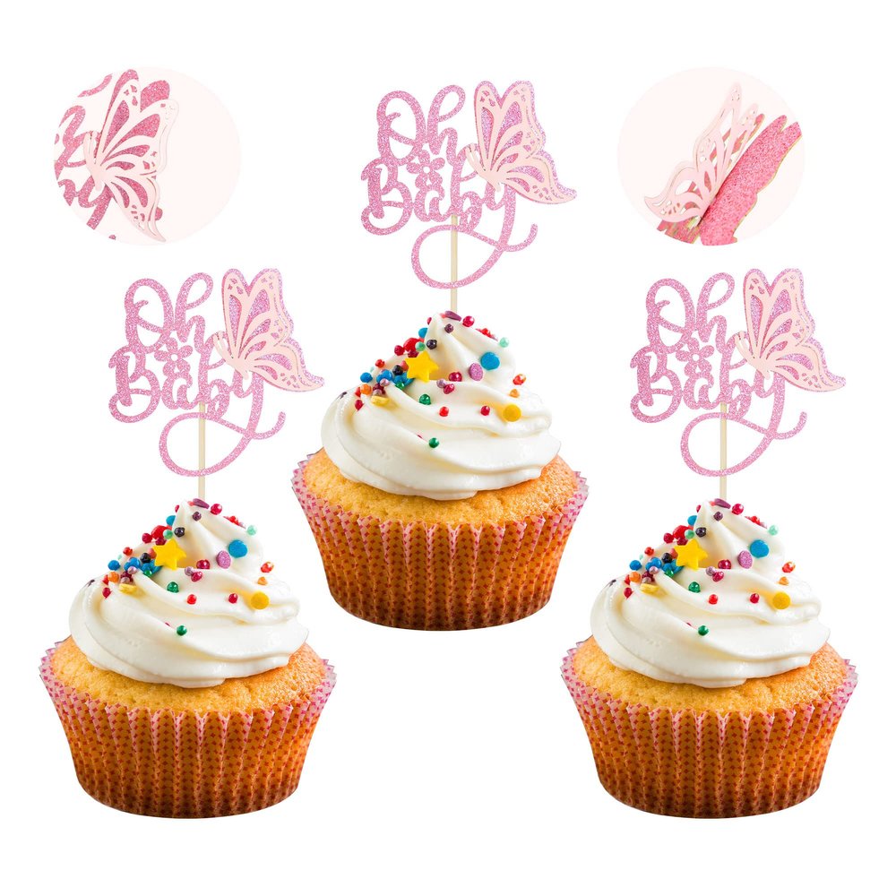 24 Pack Oh Baby Butterfly Cupcake Toppers Glitter Gender Reveal 3D Butterfly Oh Baby Cupcake Picks for Baby Shower Kids Birthday Party Decorations Supplies Pink