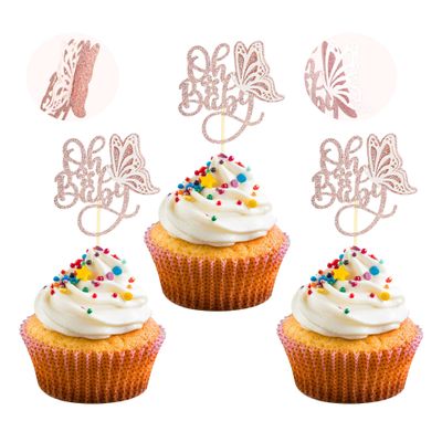 24 Pack Butterfly Oh Baby Cupcake Toppers Glitter Baby Shower Cupcake Picks Kids Birthday Baby Shower Butterfly Theme Party Decorations Supplies Rose Gold