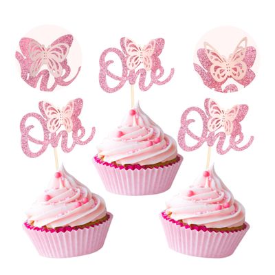 24 Pack Butterfly One Cupcake Toppers Glitter First Birthday Cupcake Picks Butterfly Theme Baby Shower Wedding Anniversary Party Cake Decorations Supplies Pink