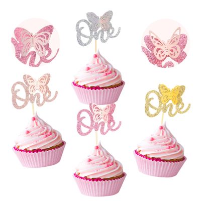 24 Pack Butterfly One Cupcake Toppers Glitter First Birthday Butterfly Cupcake Picks for Baby Shower Kids Boys Girls Birthday Anniversary Party Cake Decorations Supplies Colorful