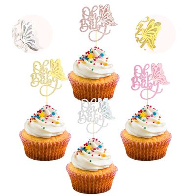 24 Pack Butterfly Oh Baby Cupcake Toppers Glitter Baby Shower 3D Butterfly Cupcake Picks for Gender Reveal Baby Shower Kids Birthday Party Decorations Supplies Colorful