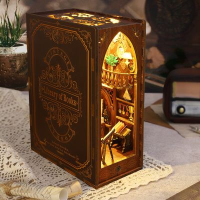 DIY Book Nook Miniature Dollhouse Kit Bookshelf Insert Decor - 3D Wooden Puzzle Booknook with LED Light, Doll House Building Model Kits for Boys Girls Library of Books Nook