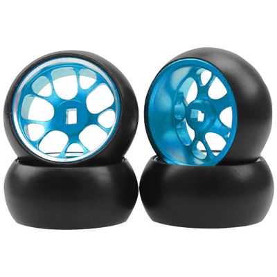 4Pack Vgoohobby 1/28 Tires Plastic Drift Car Tyres w/Alloy Wheel Rims Compatible with Wltoys K969 K989 Kyosho Mini-Z Mini-Q Mini-D 1/28 RC Drift Car (Blue)