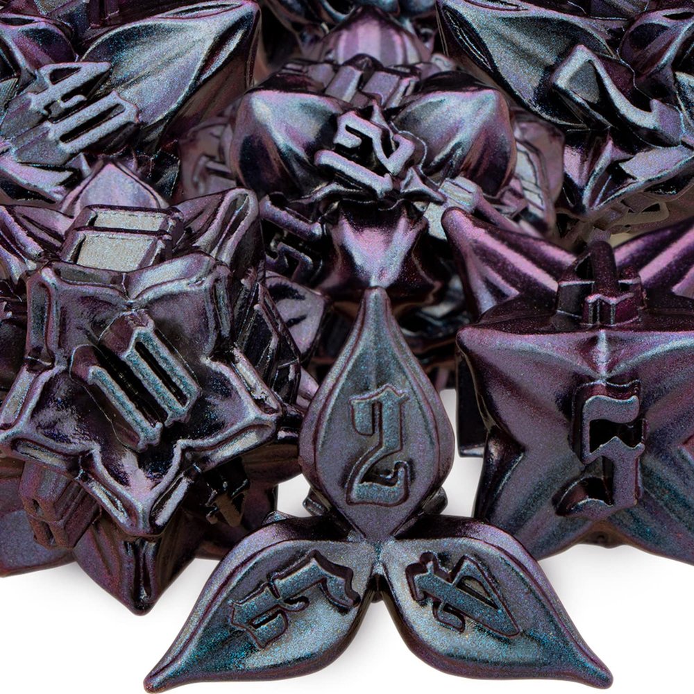 ARUOHHA DND Metal Dice Set Purple Leaf Design Polyhedral Dice with Box, 7PCS D and D Dice RPG Role Playing Games D20 D12 D10 D8 D6