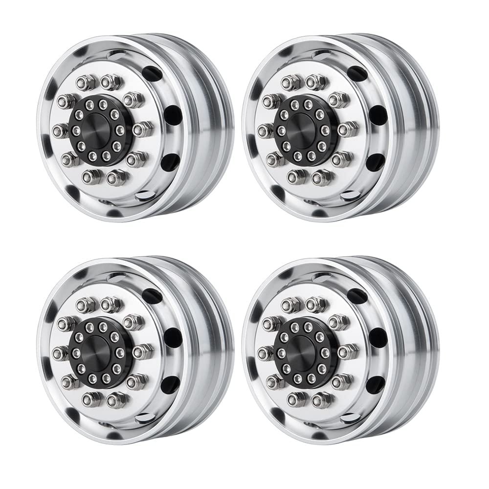 Metal Front Wheel Hub Rims with 30mm Width Black Rubber Tires #2 for 1/14 Tamiya RC Trailer Tractor Truck Car Parts (Color : 4Pcs Front Rims)