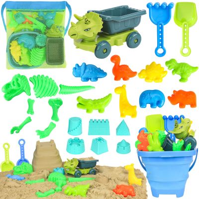 FUSPWEAO Beach Toys, Dinosaur Sand Toys with Dump Truck and Collapsible Beach Bucket, Shovel and Rake, Mesh Bag, Animal Dinosaur Sand Molds, Sand Castle Toy, Sandbox Toys for Toddlers Kids Boys